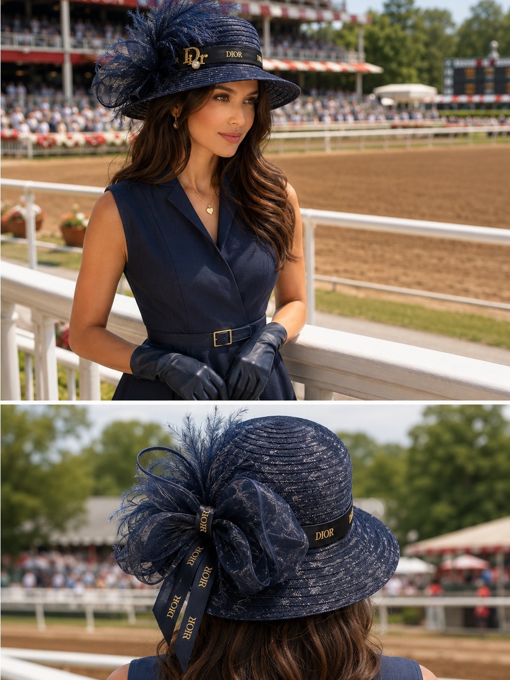 Dior Navy Straw Cloche Hat with Feather Bow and Logo Band-Derby Hat